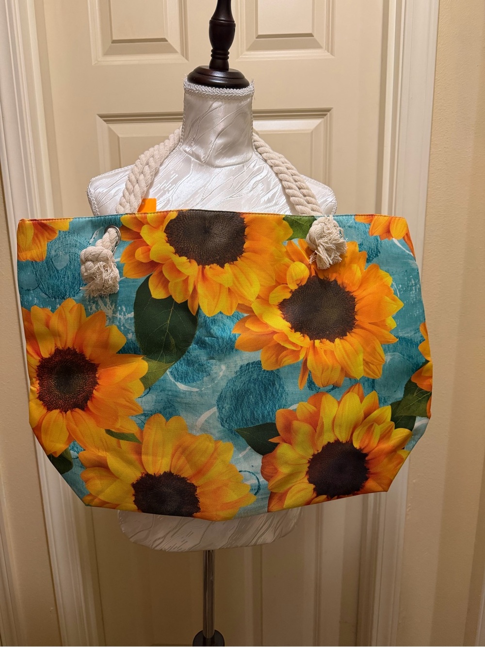 Sunflower Print Rope-Handle Tote Bag - Yellow/Blue